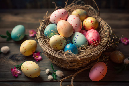 Colorful easter eggs in nest on rustic wooden background.の素材