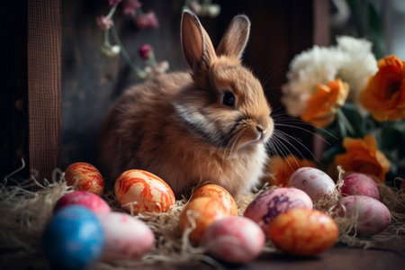 Easter bunny and colorful eggs on rustic wooden background. selective focus.の素材
