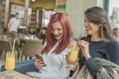 Portrait of two young beautiful women using mobile phone at coffee shop. Two young female friends enjoying together in a restaurant laughing, talking and gossiping.の写真素材
