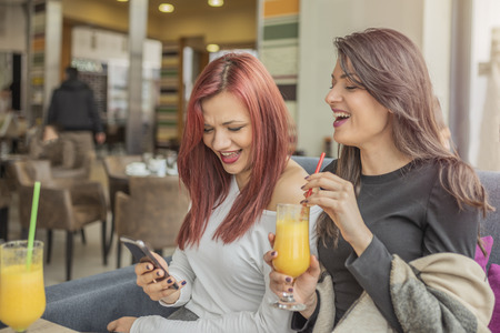 Portrait of two young beautiful girls enjoying together. Two young girl friends having fun in a restaurant laughing, talking and gossiping.の写真素材