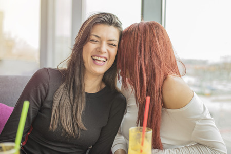 Portrait of two young beautiful girls enjoying together. Two young girl friends having fun in a restaurant laughing, talking and gossiping.Girls talk.の写真素材