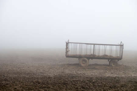 Old agricultural trailer for hay transport on pastures for cattle. Photo in the foggy, muddy autumn weather.の写真素材