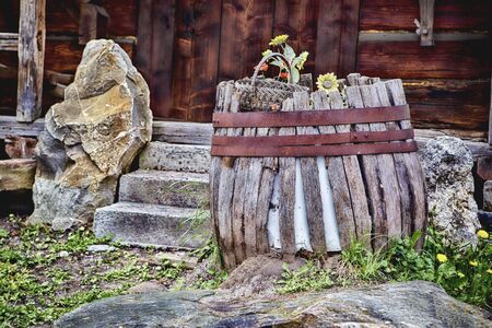 old barrel near the stone stairsの写真素材