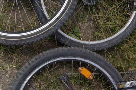 bicycle wheels on the groundの写真素材