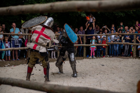 knightly duel in knightly armor Krylos, Ivano-Frankivsk, Ukraine 09/08/2019のeditorial素材