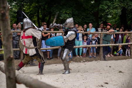 knightly duel in knightly armor Krylos, Ivano-Frankivsk, Ukraine 09/08/2019のeditorial素材