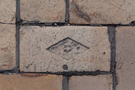 old cracked brick pavement beige, textureの写真素材