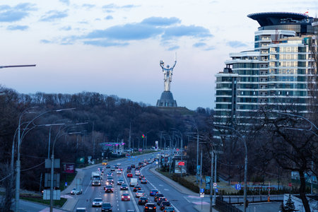The Motherland Monument is a part of the National Museum of the History of Ukraine in the Second World War 03/18/2019 view from pecherskyi bridge, Kyiv, Ukraineのeditorial素材