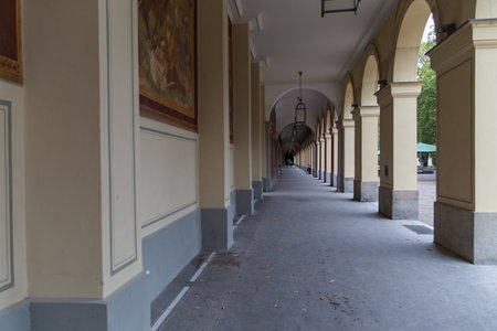 corridor with arches and columns along the wallのeditorial素材