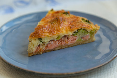 french pie with salmon and broccoliの写真素材
