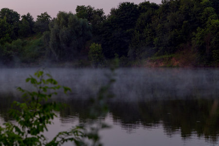 morning fog on the lake in the morning at sunrise the trees are reflected in the waterの写真素材