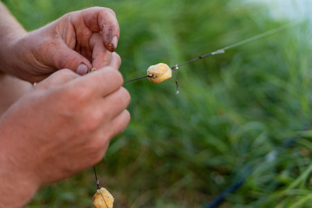 fisherman's hands bait bait on a hook in natureの写真素材
