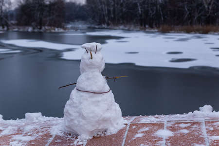 little snowman made of snow and sticksの写真素材