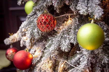 beautiful Christmas background with Christmas tree branches and Christmas toysの写真素材