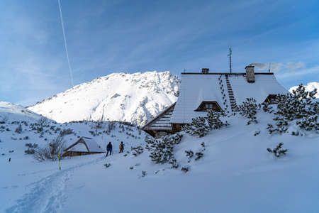 house for tourists in the Tatra Mountains in the middle of high mountains in the snow in winter Polandの写真素材