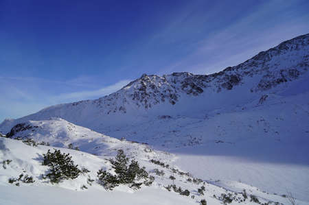 Mountain winter landscape in the Tatras, mountain view covered with snow in frosty sunny weatherの写真素材