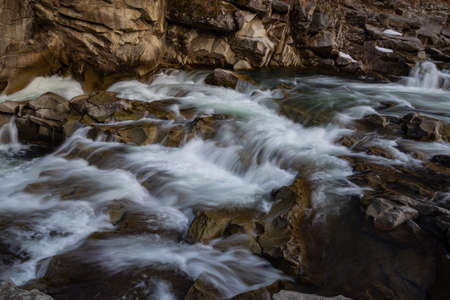 waterfall and river rapids in the Carpathian mountains in Yaremche Ukraine