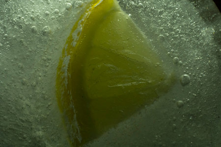 a piece of lemon frozen in a piece of iceの写真素材