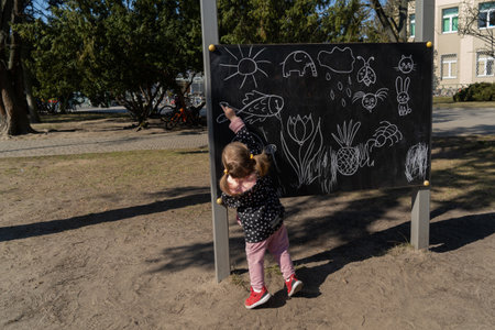 a little girl draws with white chalk on a blackboard outside in sunny weather, a child with two...