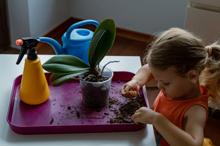 Cute little girl transplanting orchid flower into a new potの写真素材