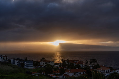 Sunrise over the Atlantic Ocean Coast Reis Magos of the island of Madeira , Portugalの写真素材