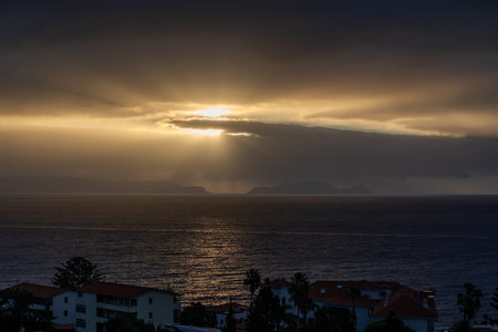 Sunrise over the Atlantic Ocean Coast Reis Magos of the island of Madeira , Portugalの写真素材
