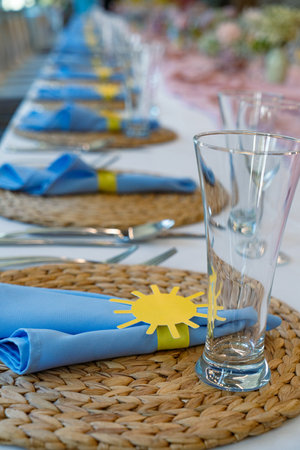 Table set for an event party or wedding reception. Selective focus.の写真素材
