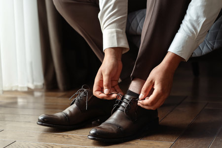 man tying classic black shoesの写真素材