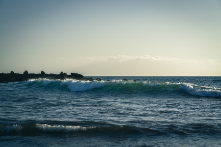 Beautiful seascape with waves on the background of the ocean.の写真素材