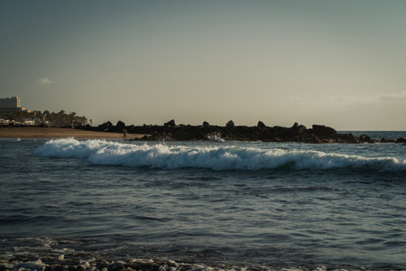 Sunset at the beach of Santa Cruz de Tenerife, Canary Islands, Spainの写真素材