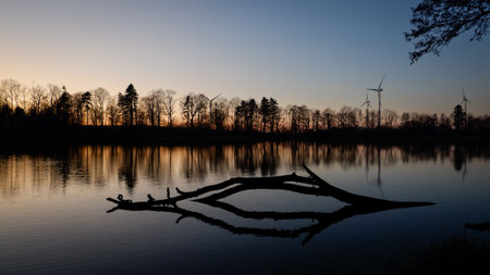 Sunset over a lake with wind turbines in the background and treesの写真素材