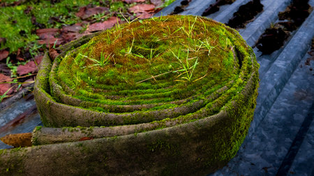green moss on a tree stump, close-up of a green mossの写真素材