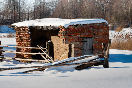 Old barn in the village in winter. Poland, Europeの写真素材