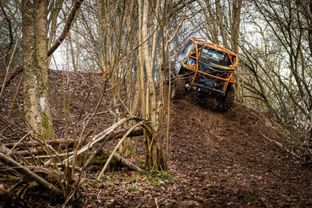 Off-road vehicle on the road in the forest. Extreme sportsの写真素材