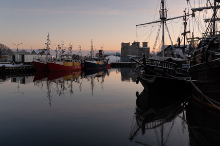 Fishing boats in the harbor of Ustka, Poland.の写真素材