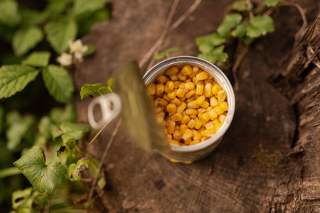 Canned corn in a tin can on a rustic wooden backgroundの写真素材