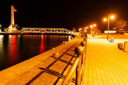 Night view of the embankment of the Baltic Sea in Ustka, Polandの写真素材