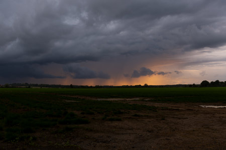 Storm clouds over the field, thunderstorm in the evening, dramatic skyの写真素材