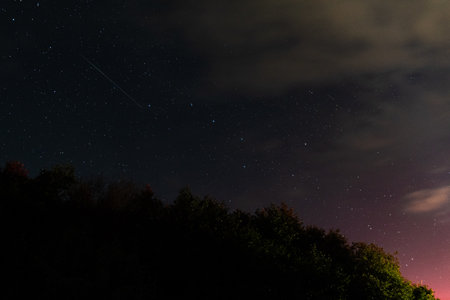Night sky with stars and a milky way over the forest.