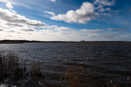 Landscape with lake and cloudy sky. Early spring in the countryside.の写真素材