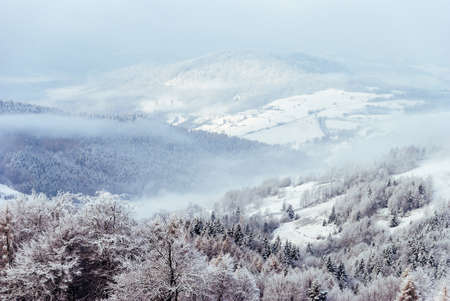The view from the mountain glade to the snow-capped hills and forests, Beskids, Polandの写真素材