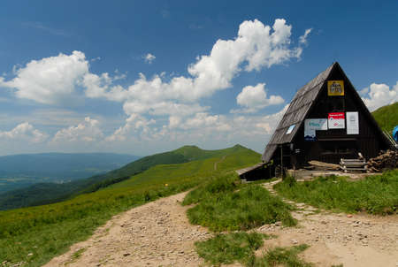 Bieszczady Mountains, Poland - June 10 2020: Mountain shelter on top of the mountainのeditorial素材