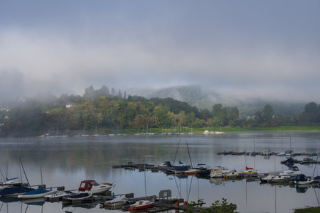 View to the lake called Edersee near the german village Rehbach in the morning
