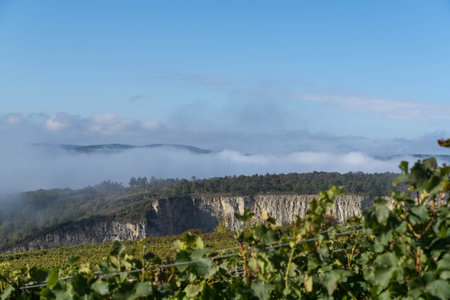 Inversion weather condition over the valley of river Main near the village called Thuengersheimの写真素材