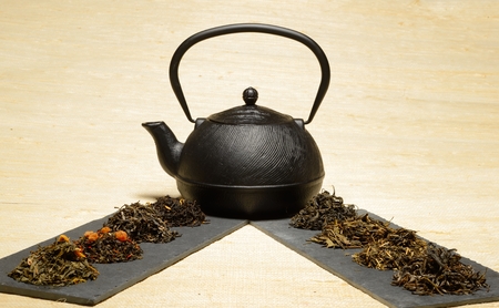 Photo of various kinds of tea Placed on slabs of slateの写真素材