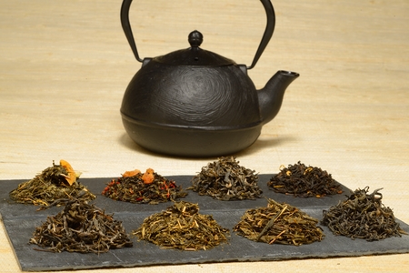 Photo of various kinds of tea Placed on slabs of slateの写真素材