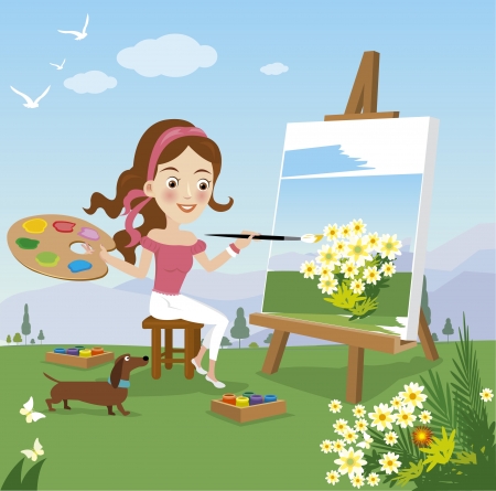 Woman paint on canvas のイラスト素材