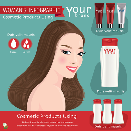 Girl with beautiful haircut. Illustration of Bottle for Shampoo. Vector.のイラスト素材