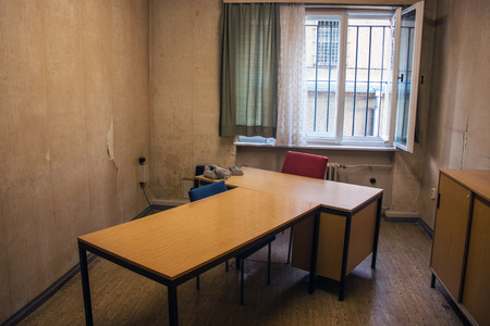 Interrogation room at Berlin-Hohenschonhausen Memorial, former prison of state police Stasi during communist era のeditorial素材