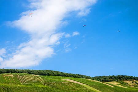 Paraglides over Moselle valley, Germanyの写真素材